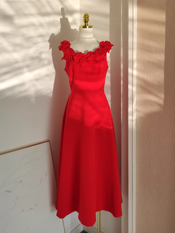 A line Scoop Neckline Red Travel Vacation Dresses Satin Birthday Dress SD327